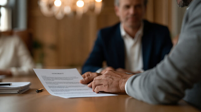 Incident response retainer agreement being reviewed by corporate legal counsel and cybersecurity firm representative across conference table, service level objective clauses highlighted, symbolic st
