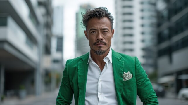 A fashionable man confidently poses in an urban environment, exuding charisma and style, perfectly embodying modern fashion trends and city life.