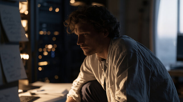 Cybersecurity researcher crouching at honeypot server rack deep in a dimly lit laboratory, isolated decoy machine blinking with unauthorized intrusion alerts, handwritten attacker behavior notes sca