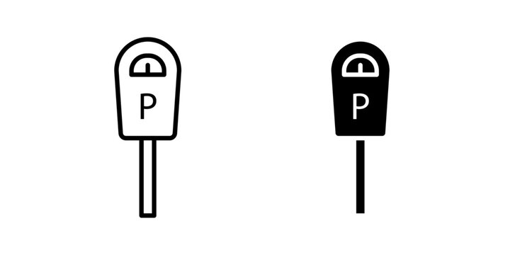 Parking meter icon in outline and solid style, isolated on white background. Ideal for parking, city transport, and urban navigation features in mobile and web design.