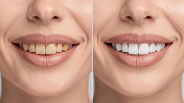 Close up before and after comparison of teeth whitening treatment showing bright white smile transformation