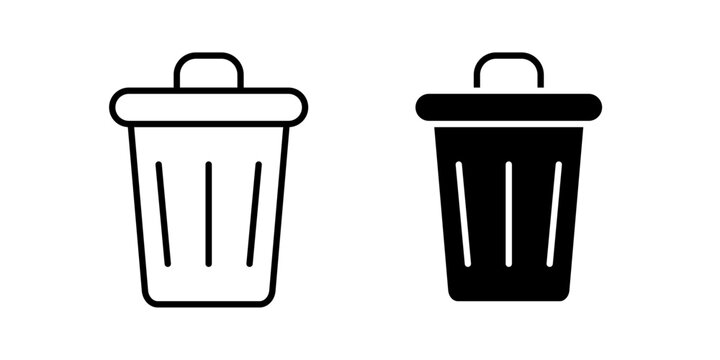 Waste bin icon in outline and solid style, isolated on white background. Ideal for recycling, waste management, and cleanliness features in mobile and web design.