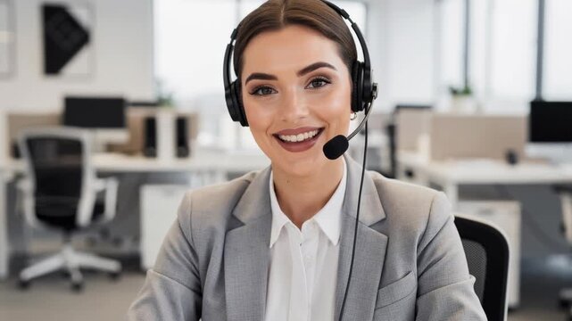 Smiling female customer service representative with headset working in modern office environment