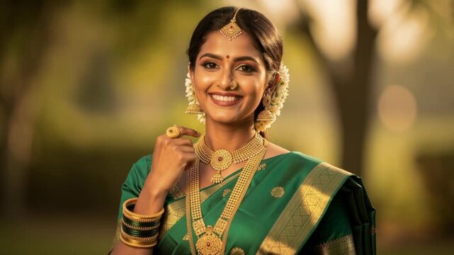 Beautiful Indian woman in traditional green saree with gold jewelry smiling outdoors in natural light