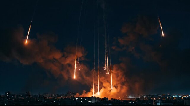 Fiery streaks illuminate the night sky as multiple projectiles launch over a metropolitan area, creating intense explosions and smoke in a dramatic nighttime conflict
