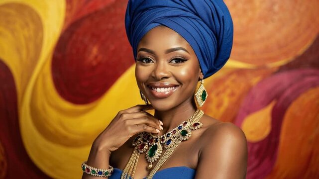 Beautiful African woman smiling wearing traditional blue headwrap and colorful jewelry with vibrant artistic background