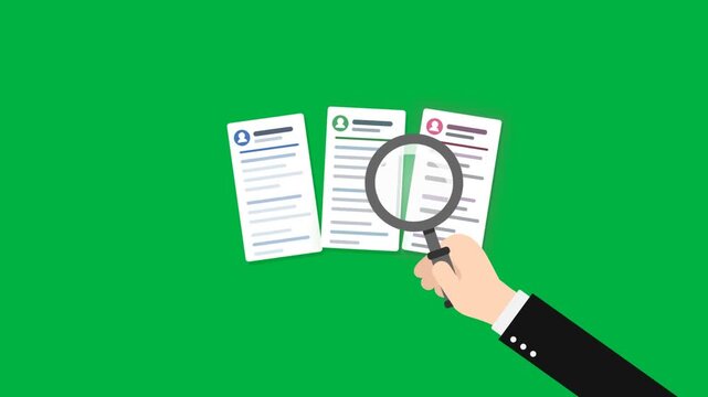 Recruitment process animation with magnifying glass searching resume documents and hired candidate