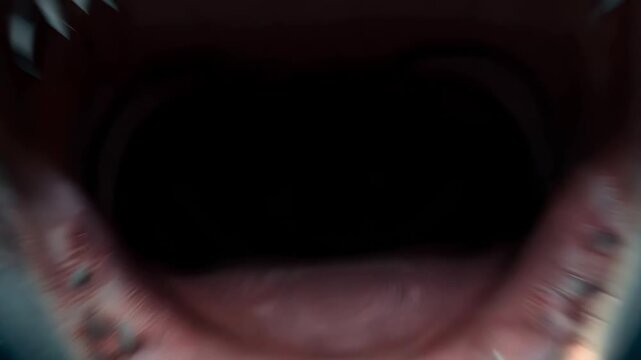 Dramatic first-person POV shot of a massive shark swimming from deep ocean, aggressively opening its large mouth to bite the viewer.