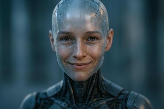 Smiling humanoid female cyborg with metallic skin and expressive eyes, hyperrealistic style, on a dark blurred background, concept of future technology. Ai generative