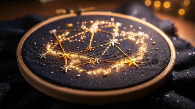 Hand embroidered star constellation on dark fabric with glowing golden thread in wooden hoop close up