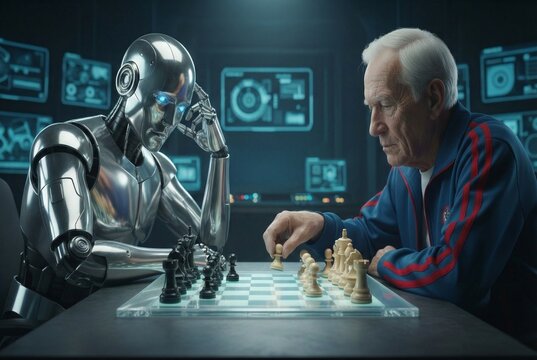 Elderly man and robot chessboard retired grandmaster in research lab studies opponent midgame move under neon blue monitors, contemplative atmosphere, metallic android, worn wooden pieces, tense