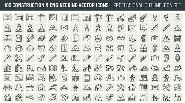 Collection of 100 engineering and construction vector icons set on white background