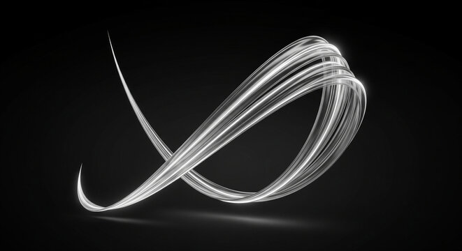 Futuristic white light trails on black background, dynamic glowing motion lines, abstract infinity loop of energy streaks, elegant silver fiber optic curves