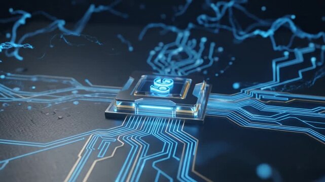 Intelligent microchip at the nexus of glowing digital pathways, symbolizing the core of artificial intelligence, advanced data processing, and the future of smart technology