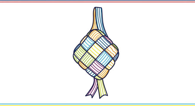Ketupat illustration, traditional rice cake for Eid al-Fitr celebration, woven palm leaves, colorful pattern