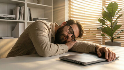 Fototapeta premium Overworked and tired man with a beard sleeping at his desk during a bright sunny day.