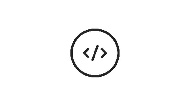 Minimalist programming code icon animation on white background loopable coding symbol motion graphic.