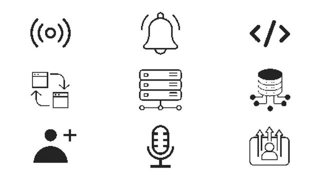 Set of nine animated interface icons showing various functions in a modern digital environment.