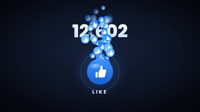 Social media like button counter animation with rising icons and growing number on dark screen