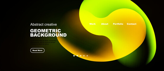 Obraz premium Abstract geometric background. Vibrant yellow, orange hues dominate dark canvas. Minimalist design features text, navigation elements. Modern aesthetic.