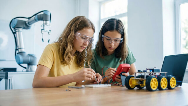 Two young girls engaged in robotics and electronics, testing a circuit on a breadboard and multimeter.