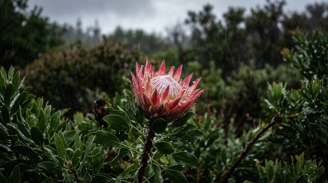 Close-up of a vibrant pink King Protea flower blooming in a lush green fynbos landscape.