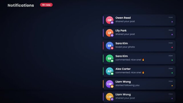 Social media notification feed animation with followers likes and comments alerts on dark interface