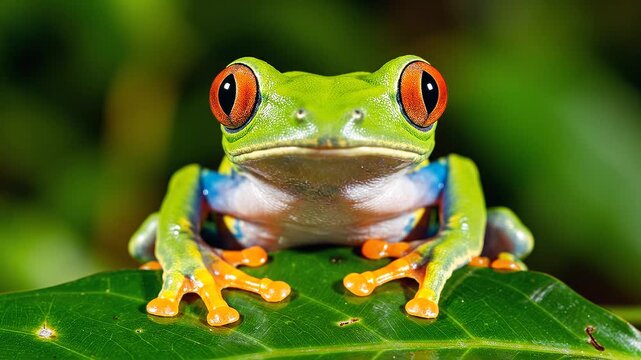 Red Eyed Tree Frog Resting on a Green Tropical Leaf Macro