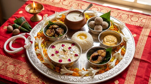 Annaprasana Silver Thali North Indian Bengali Ceremony &mdash; Traditional Mukhe Bhaat Rice Ritual Sacred Food with Payesh Naru and Prasad