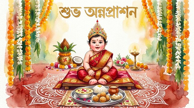 Shubha Annaprasana Bengali Watercolour Illustration &mdash; Crowned Baby in Red Silk Before Silver Thali Mukhe Bhaat Ceremony Painting