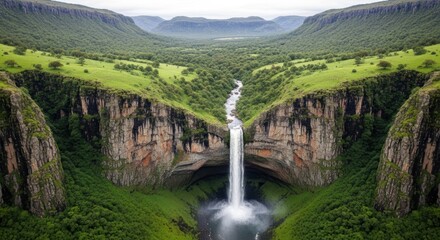 Obraz premium Majestic Waterfall Cascading Down Lush Green Cliffs into a Serene Pool.