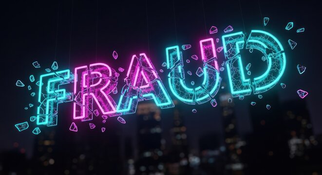 Neon Sign Spelling Fraud With Shattered Effect.