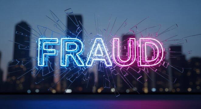 Neon Fraud Sign Illuminates City Skyline at Night.