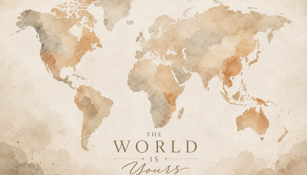 World map illustration of vintage watercolor earth silhouette with quote poster for travel home wall decor use.