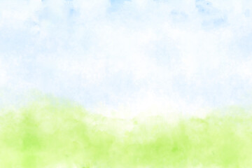 Fototapeta premium A summer landscape with hills under a blue sky and white clouds. Horizontal seamless border, drawing of meadows and fields, Watercolor illustration. View of green grass and bushes