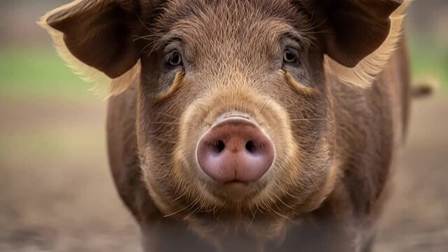 Close-up of a brown pig outdoors.