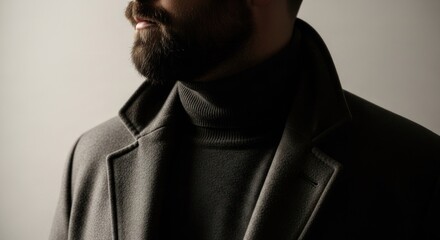 Fototapeta premium Stylish Man Wearing Turtleneck and Coat in Studio Portrait.