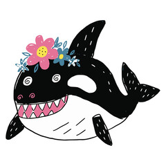 Cute orca wearing floral crown nature marine creature © SeptionUniverse