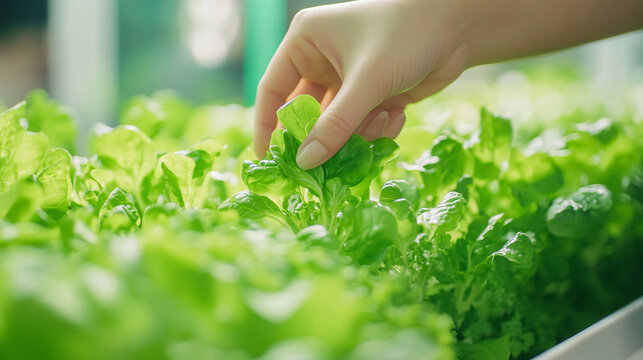 hand picking  green salad, vegan lifestyle close up
