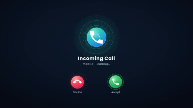 Incoming call screen animation with glowing phone icon and accept decline buttons on dark display
