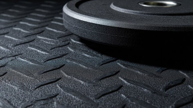 bodybuilding. A single weight plate on rubber gym flooring, emphasizing fitness and strength with a dynamic composition. event key visuals, club posters, designed for fitness apps and gym onboarding.