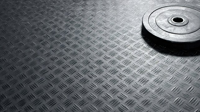 bodybuilding. A single weight plate on rubber gym flooring, emphasizing fitness and strength with a dynamic composition. event key visuals, club posters, designed for fitness apps and gym onboarding.