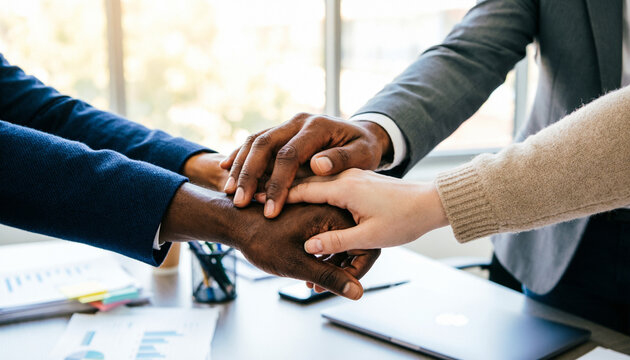 Diverse team hands stacked together, Multiracial business teamwork unity, Corporate collaboration group handstack, Professional partnership team success