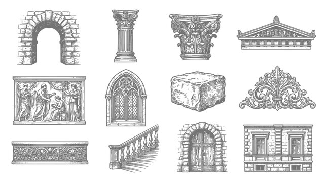 Architectural details and stone carvings.