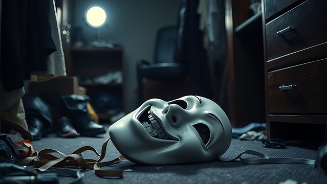 A large white theatrical mask lies on a cluttered dressing room floor.