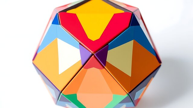 A complex polyhedron model with vibrant color blocks on white background.