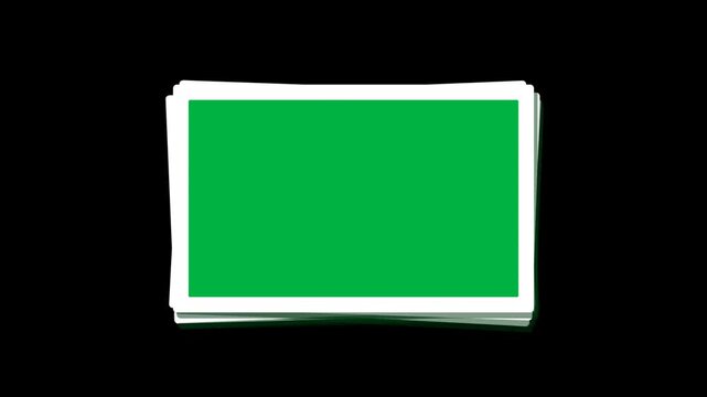 Photo frames with green screen placeholders stacking and falling on black background for slideshow