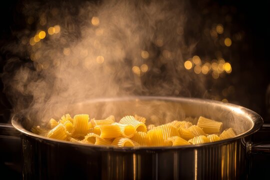 Close-up of rigatoni pasta boiling in a pot with steam rising and bokeh lights