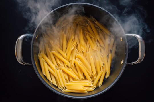 Penne pasta boiling in a pot with steam rising, close-up overhead view