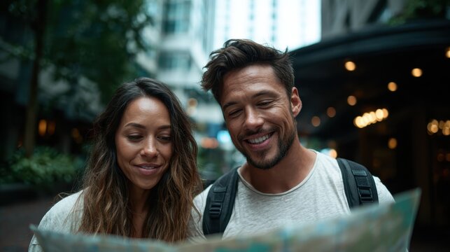 A happy couple, energetically examining a map in a vibrant city, embracing their love for adventure while exploring new places and experiences together hand in hand.